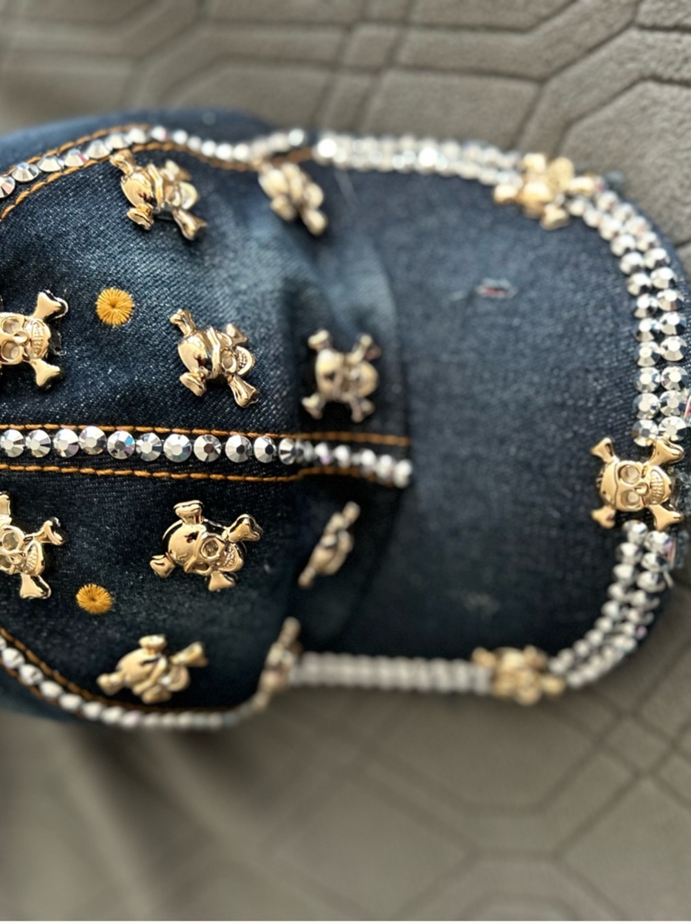 Private Label Black Denim Cap with Gold Skull & Crystal Trim - Picture 3 of 4